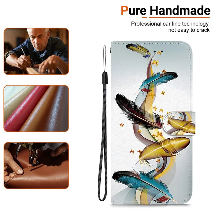For iPhone 16 Plus Case Pattern Printing Anti-Drop Leather Flip Wallet Phone Cover with Lanyard - Golden Butterfly Feather - 6