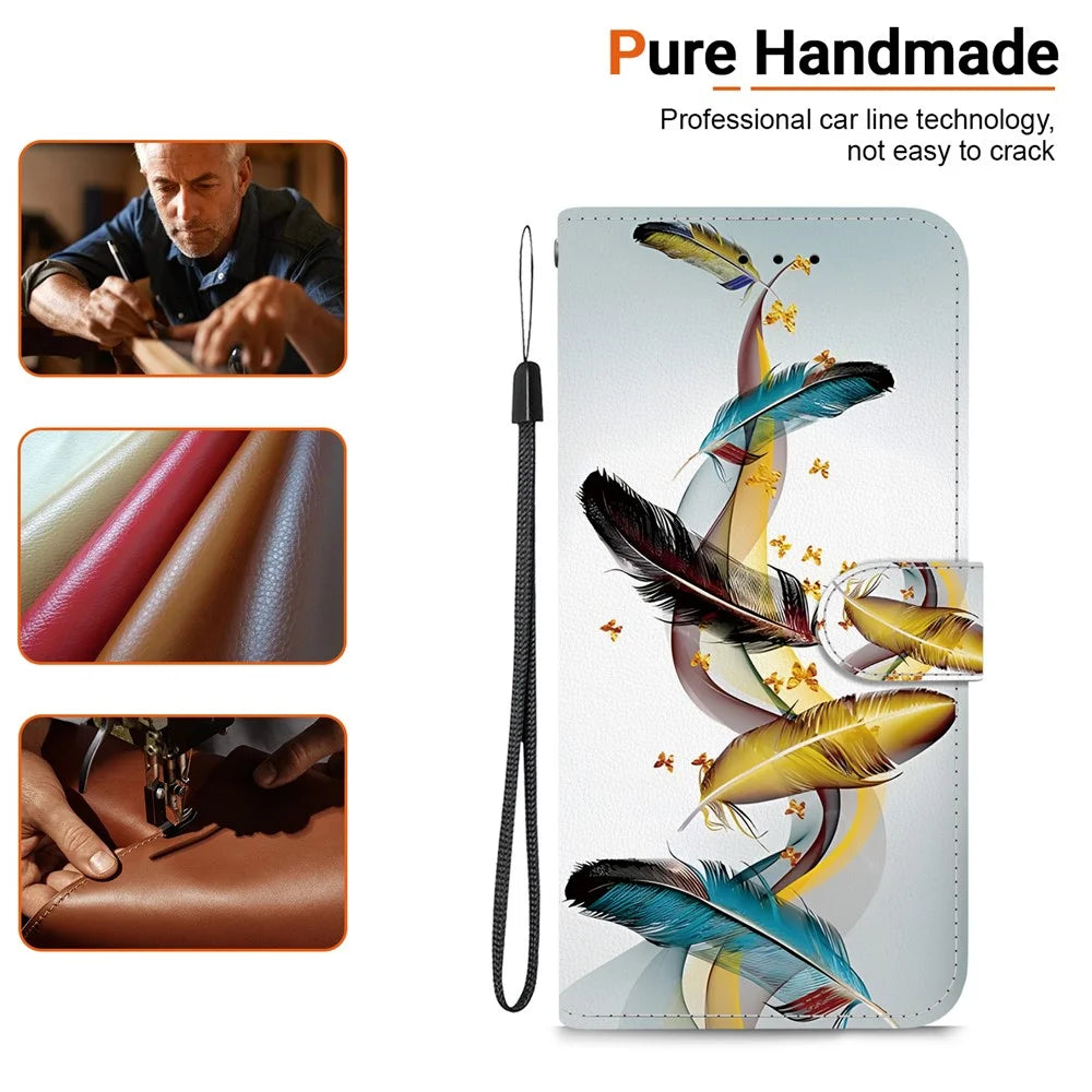 For iPhone 16 Pro Case Pattern Printing Anti-Drop Leather Flip Wallet Phone Cover with Lanyard - Golden Butterfly Feather - 6