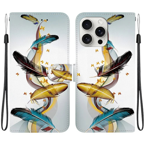 For iPhone 16 Pro Max Case Pattern Printing Anti-Drop Leather Flip Wallet Phone Cover with Lanyard - Golden Butterfly Feather - 1