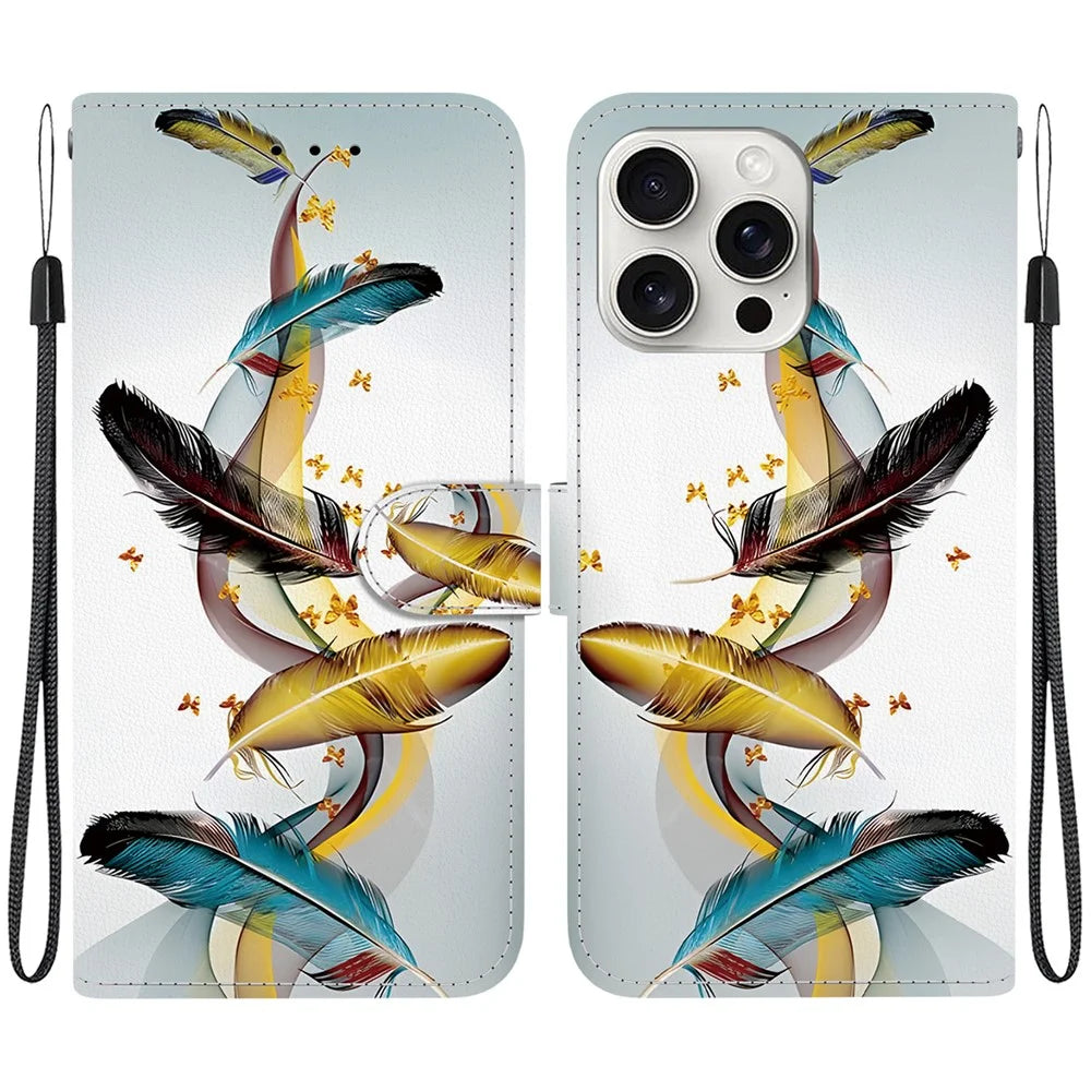 For iPhone 16 Pro Max Case Pattern Printing Anti-Drop Leather Flip Wallet Phone Cover with Lanyard - Golden Butterfly Feather - 1