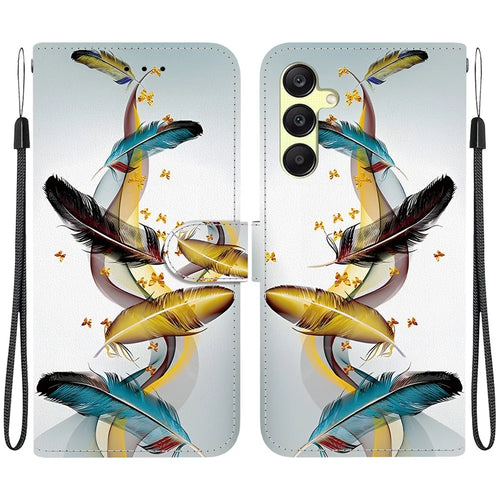 For Samsung Galaxy A25 5G (Global) (161.0 x 76.5 x 8.3mm) Case Pattern Printing Leather Wallet Phone Cover with Lanyard - Golden Butterfly Feather - 1