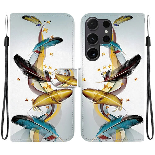 For Samsung Galaxy S25 Ultra Case Pattern Printing Anti-Drop Leather Flip Wallet Phone Cover with Lanyard - Golden Butterfly Feather - 1