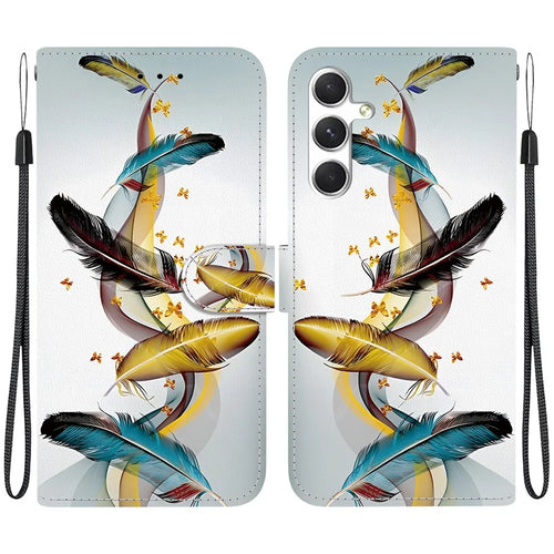 For Samsung Galaxy S25 Case Pattern Printing Anti-Drop Leather Flip Wallet Phone Cover with Lanyard - Golden Butterfly Feather - 1
