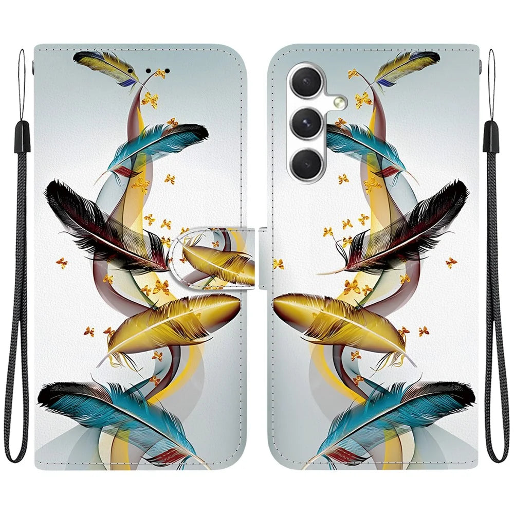 For Samsung Galaxy S24 FE Case Pattern Printing Anti-Drop Leather Flip Wallet Phone Cover with Lanyard - Golden Butterfly Feather - 1