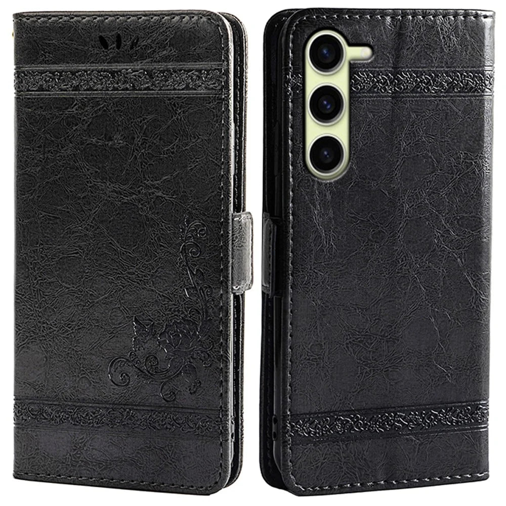 For Samsung Galaxy S23 Leather Case Flower Imprint Wallet Phone Cover with Side Buckle - Black - 1