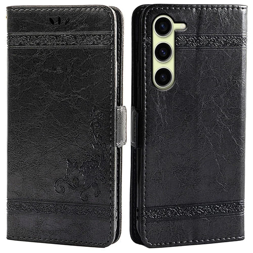For Samsung Galaxy S23 Leather Case Flower Imprint Wallet Phone Cover with Side Buckle - Black - 1