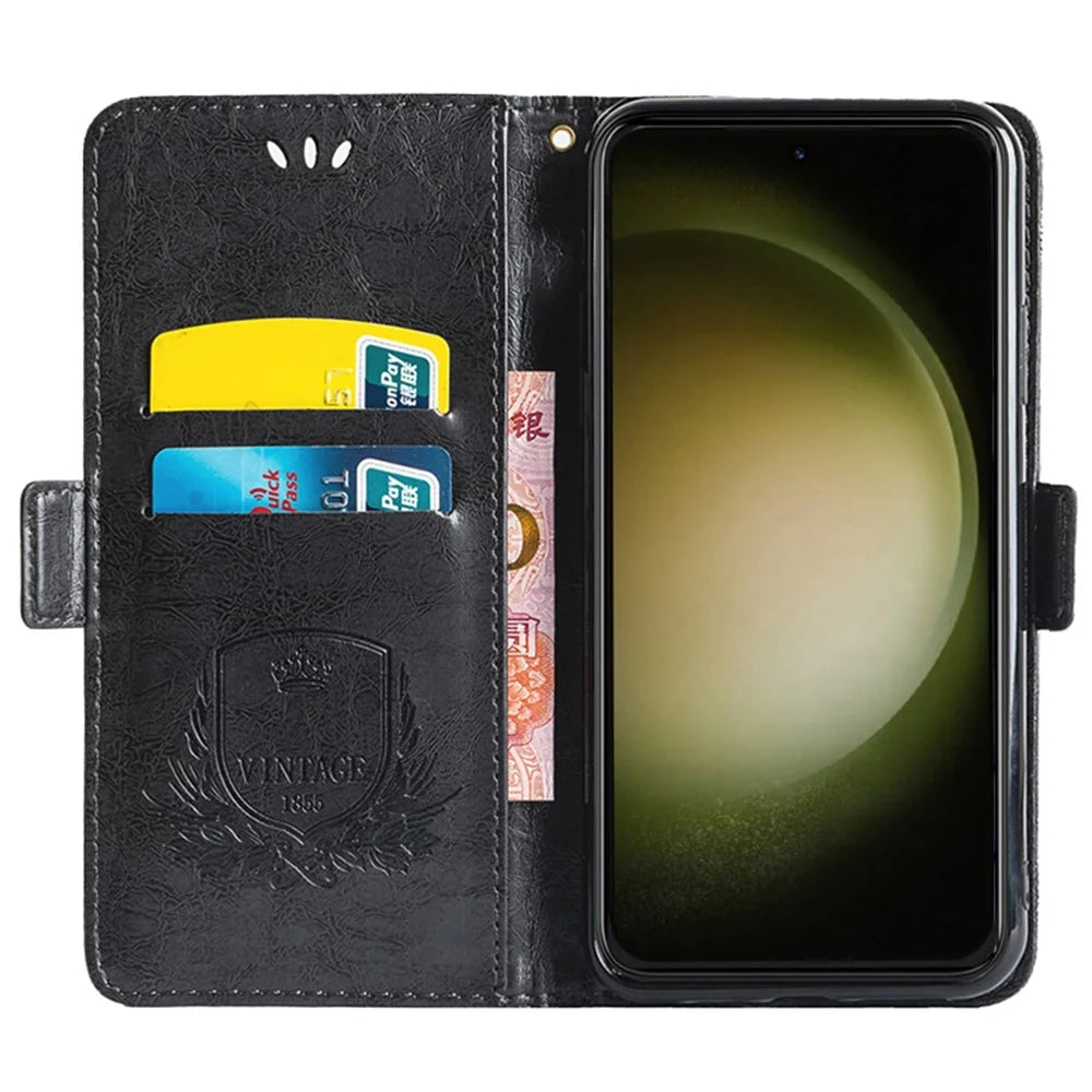 For Samsung Galaxy S23 Leather Case Flower Imprint Wallet Phone Cover with Side Buckle - Black - 2
