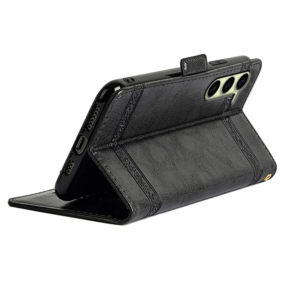 For Samsung Galaxy S23 Leather Case Flower Imprint Wallet Phone Cover with Side Buckle - Black - 4