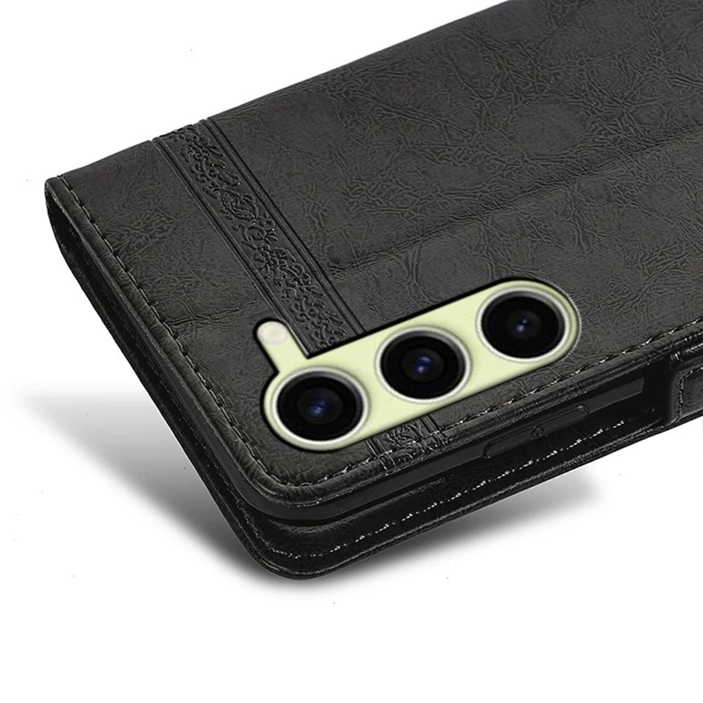 For Samsung Galaxy S23 Leather Case Flower Imprint Wallet Phone Cover with Side Buckle - Black - 5