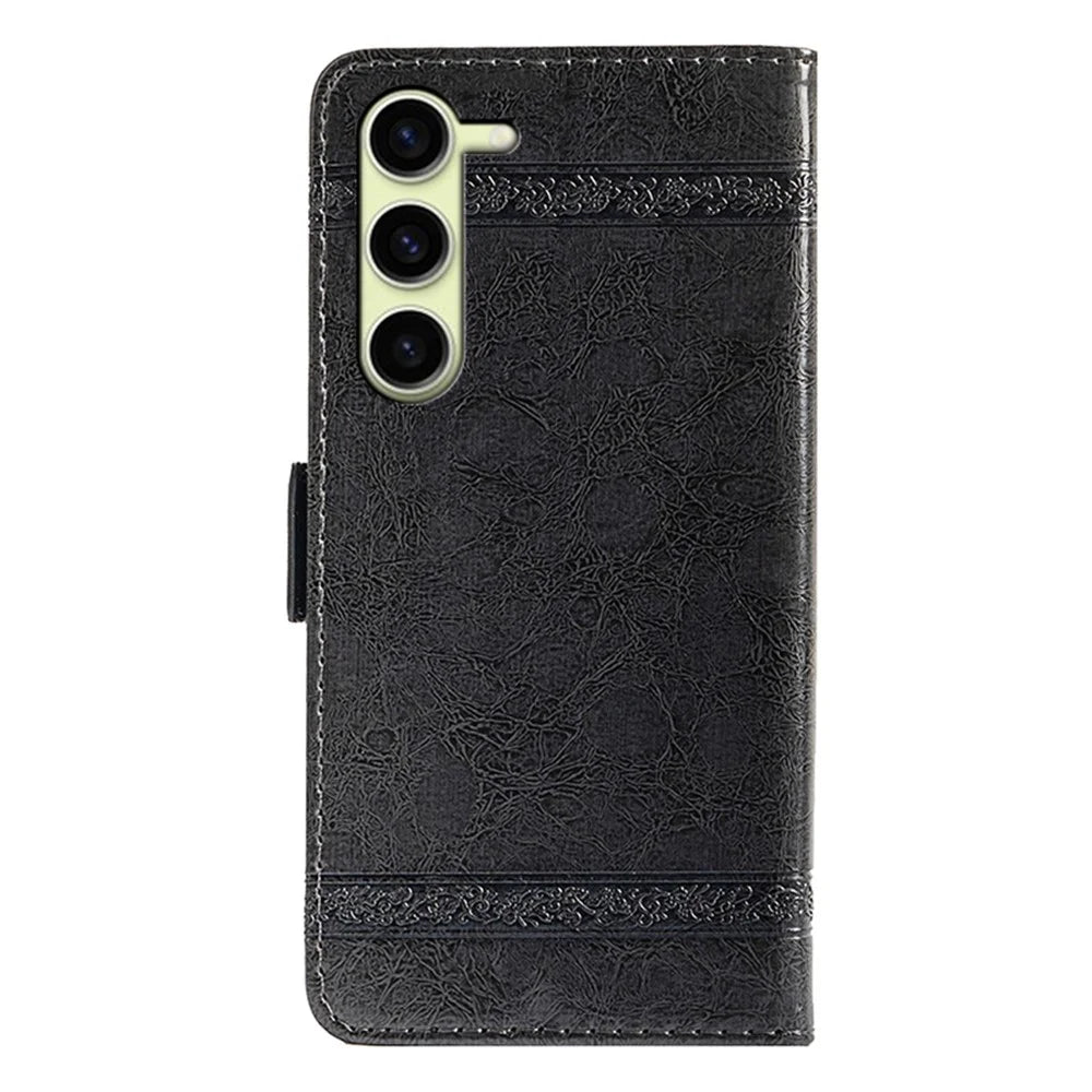 For Samsung Galaxy S23 Leather Case Flower Imprint Wallet Phone Cover with Side Buckle - Black - 7