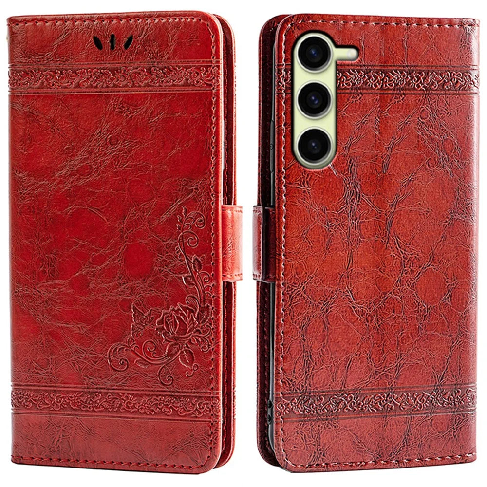 For Samsung Galaxy S23+ Leather Case Flower Imprint Wallet Phone Cover with Side Buckle - Red - 1