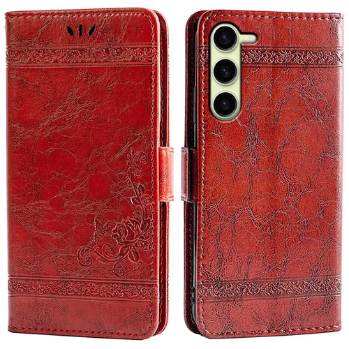 For Samsung Galaxy S23+ Leather Case Flower Imprint Wallet Phone Cover with Side Buckle - Red - 1