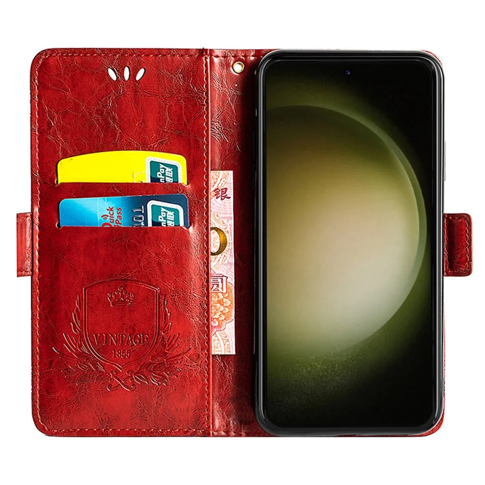 For Samsung Galaxy S23+ Leather Case Flower Imprint Wallet Phone Cover with Side Buckle - Red - 2