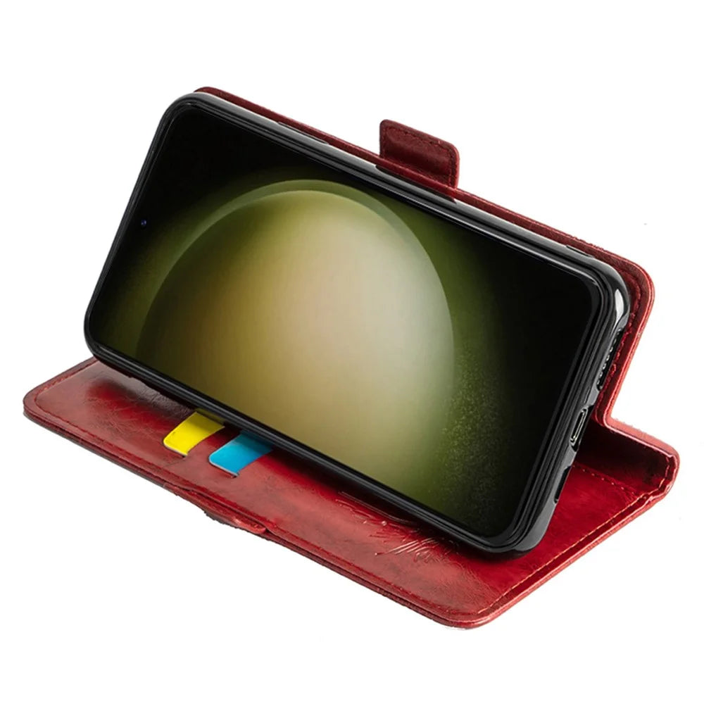 For Samsung Galaxy S23+ Leather Case Flower Imprint Wallet Phone Cover with Side Buckle - Red - 3