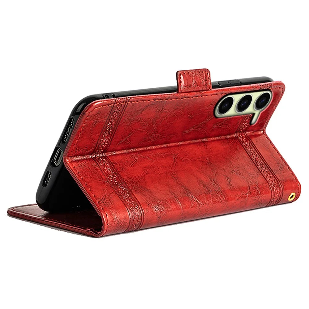 For Samsung Galaxy S23+ Leather Case Flower Imprint Wallet Phone Cover with Side Buckle - Red - 4