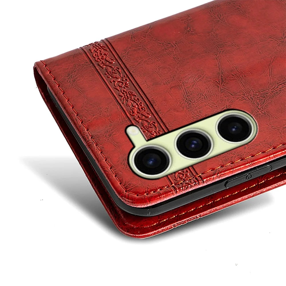 For Samsung Galaxy S23+ Leather Case Flower Imprint Wallet Phone Cover with Side Buckle - Red - 5