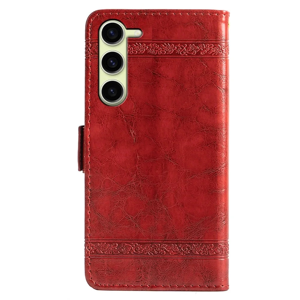 For Samsung Galaxy S23+ Leather Case Flower Imprint Wallet Phone Cover with Side Buckle - Red - 7