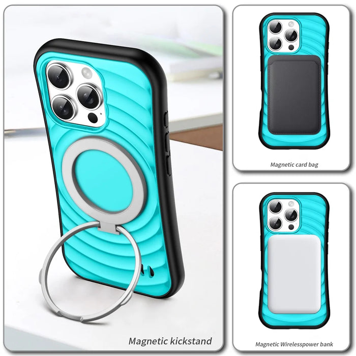 For iPhone 16 Pro Case Compatible with MagSafe Wavy Curves Texture Slim Anti Drop PC + TPU Back Cover - Blue - 2