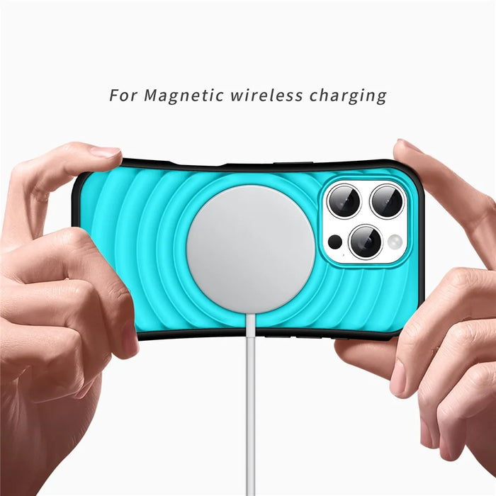 For iPhone 16 Pro Case Compatible with MagSafe Wavy Curves Texture Slim Anti Drop PC + TPU Back Cover - Blue - 3