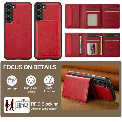 LC.IMEEKE L5 For Samsung Galaxy S23 Magnetic Phone Case Leather Back Cover with Detachable Card Holder - Red - 2