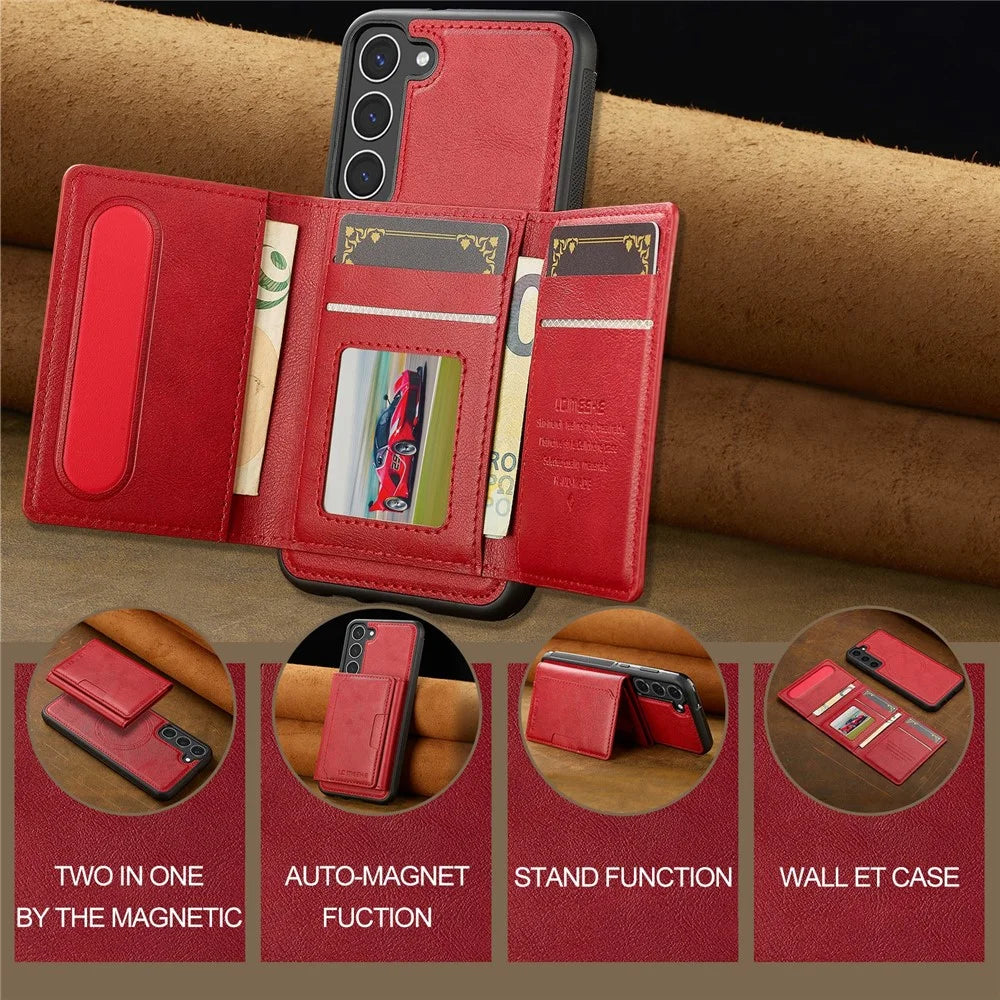 LC.IMEEKE L5 For Samsung Galaxy S23 Magnetic Phone Case Leather Back Cover with Detachable Card Holder - Red - 3