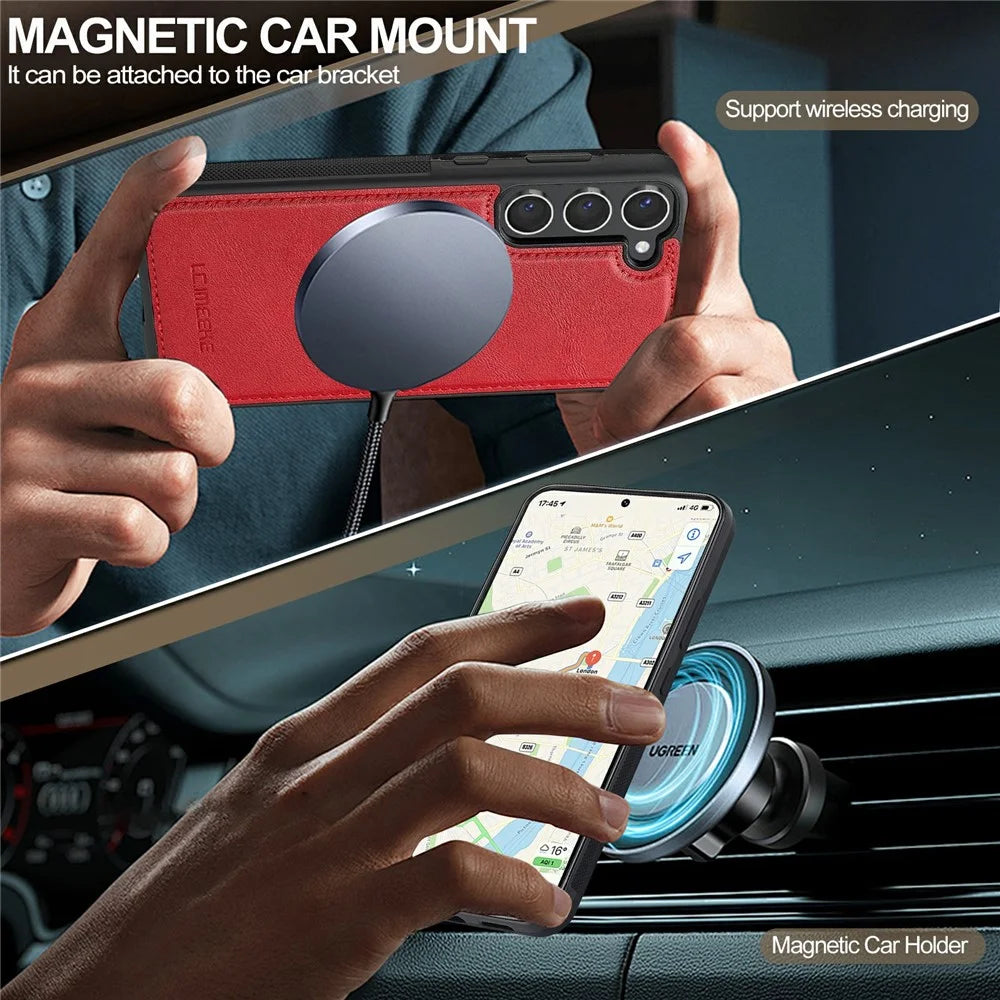 LC.IMEEKE L5 For Samsung Galaxy S23 Magnetic Phone Case Leather Back Cover with Detachable Card Holder - Red - 4