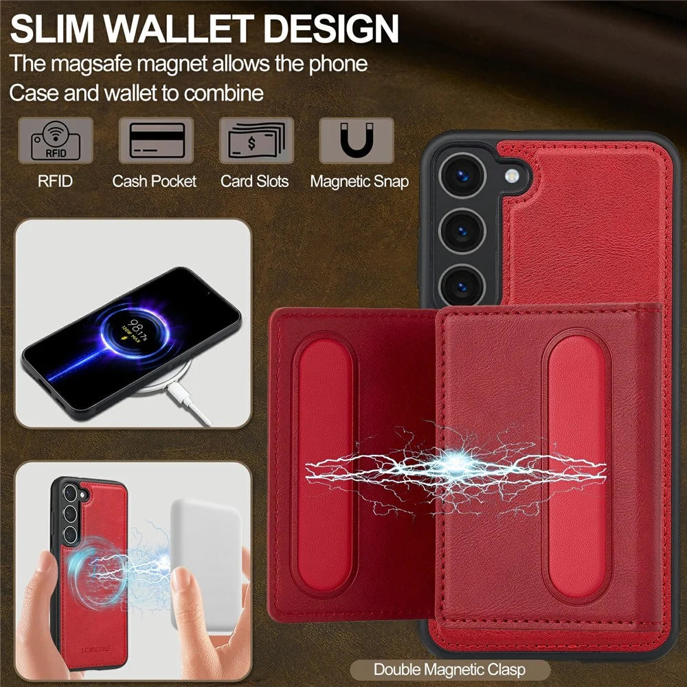 LC.IMEEKE L5 For Samsung Galaxy S23 Magnetic Phone Case Leather Back Cover with Detachable Card Holder - Red - 6