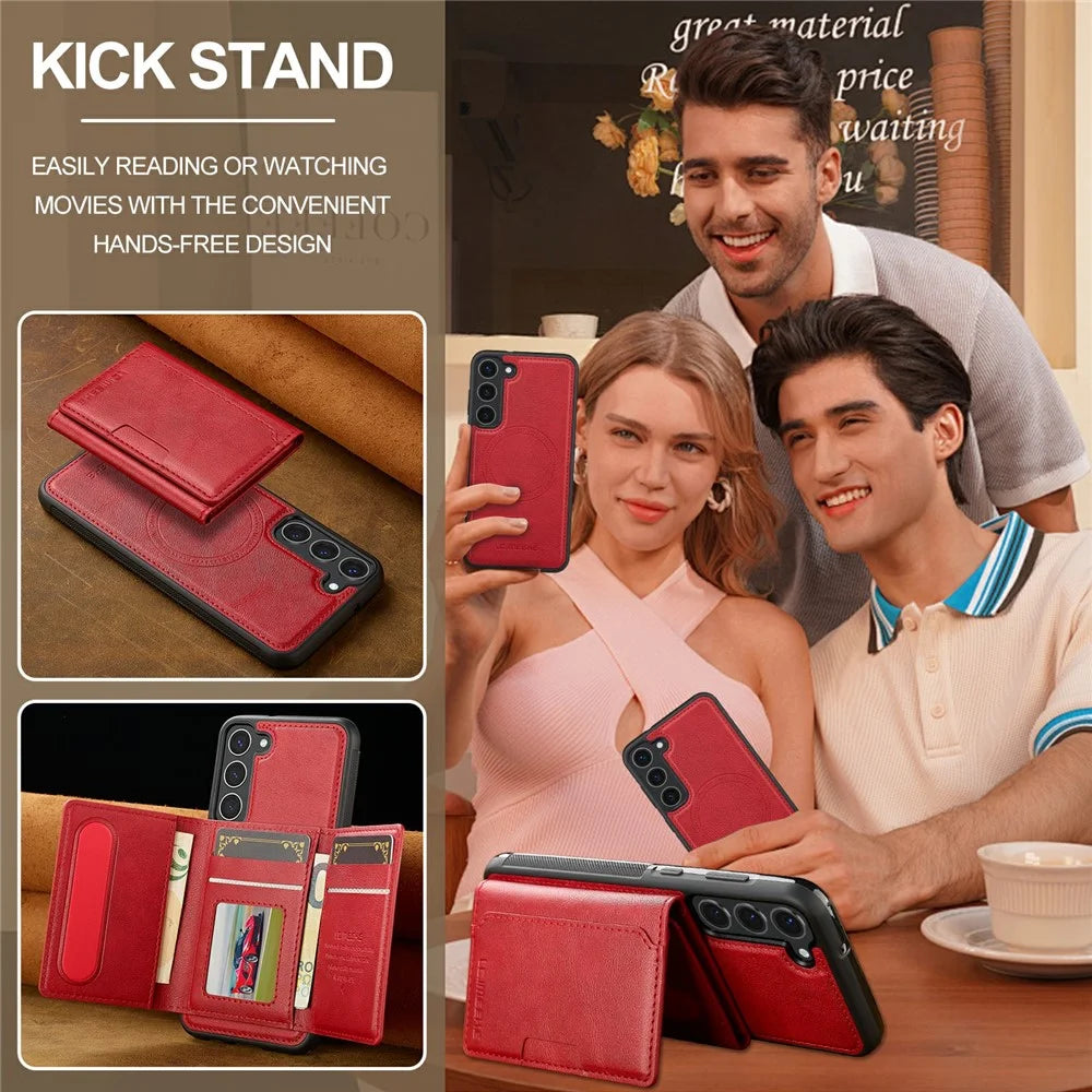 LC.IMEEKE L5 For Samsung Galaxy S23 Magnetic Phone Case Leather Back Cover with Detachable Card Holder - Red - 7
