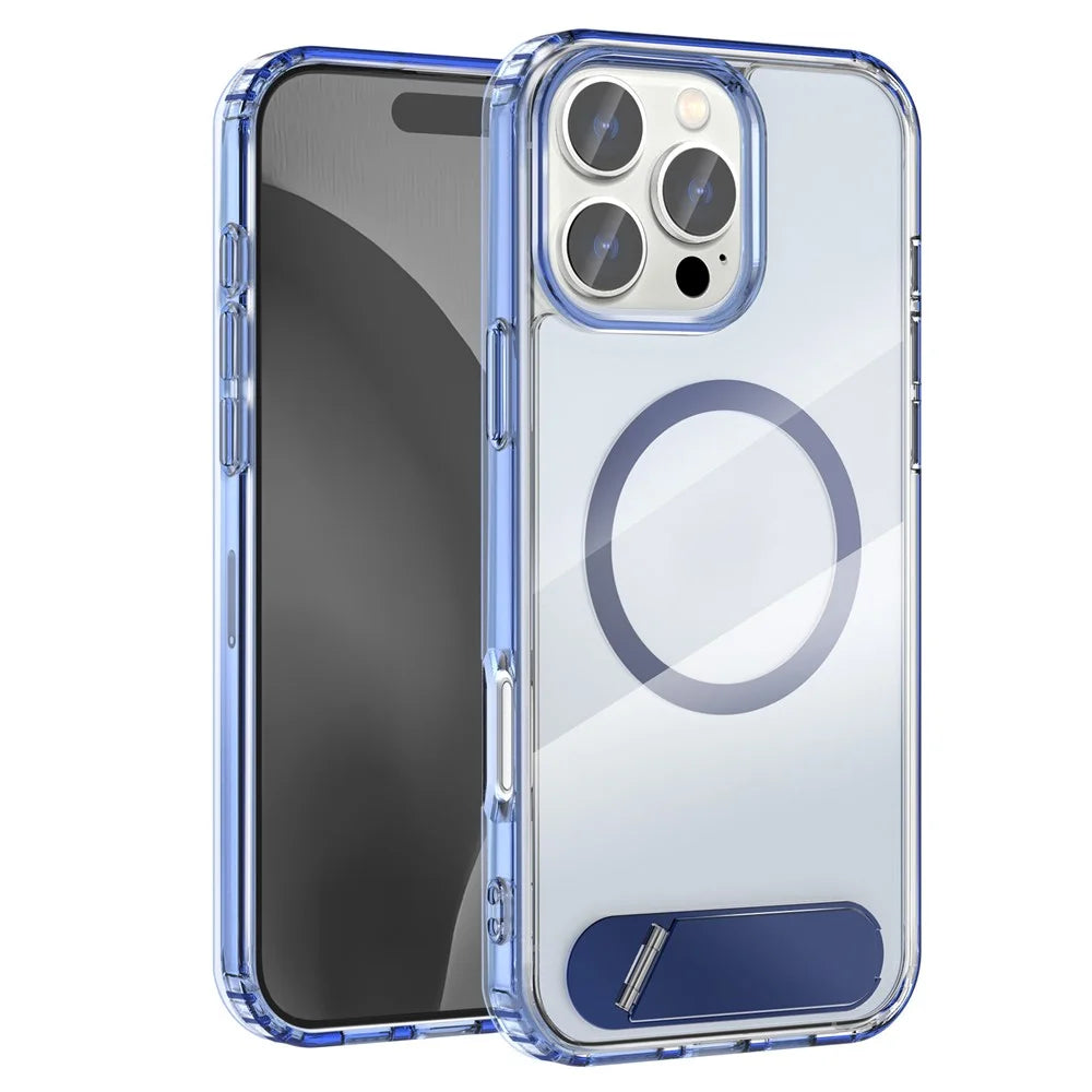 For iPhone 16 Pro Case Compatible with MagSafe Folding Kickstand Anti Drop PC + TPU Back Cover - Blue - 1