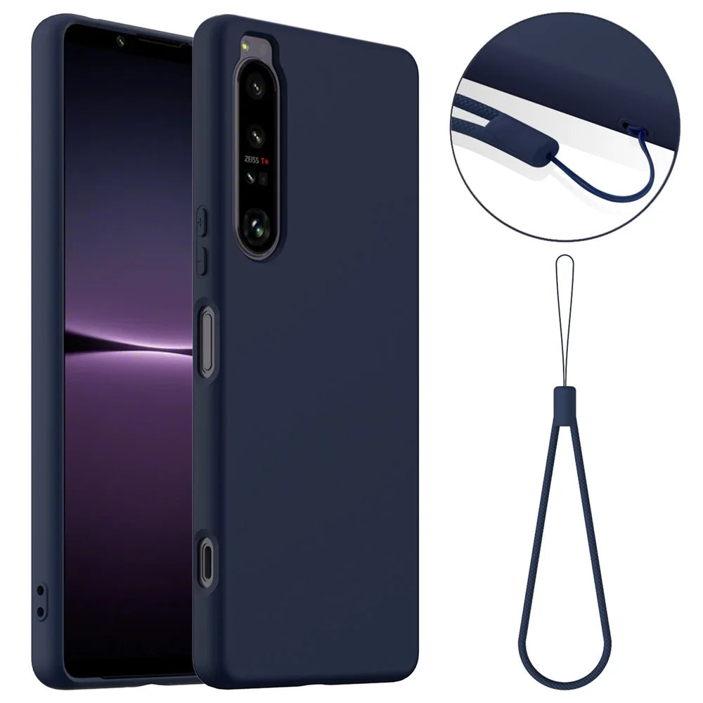 For Sony Xperia 1 IV 5G Magnetic Case Liquid Silicone Phone Cover with Lanyard - Dark Blue - 1