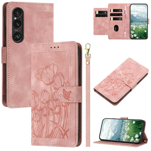 For Sony Xperia 1 VI Tulip Leather Case Phone Cover with 5 Card Slots Wallet - Pink - 1