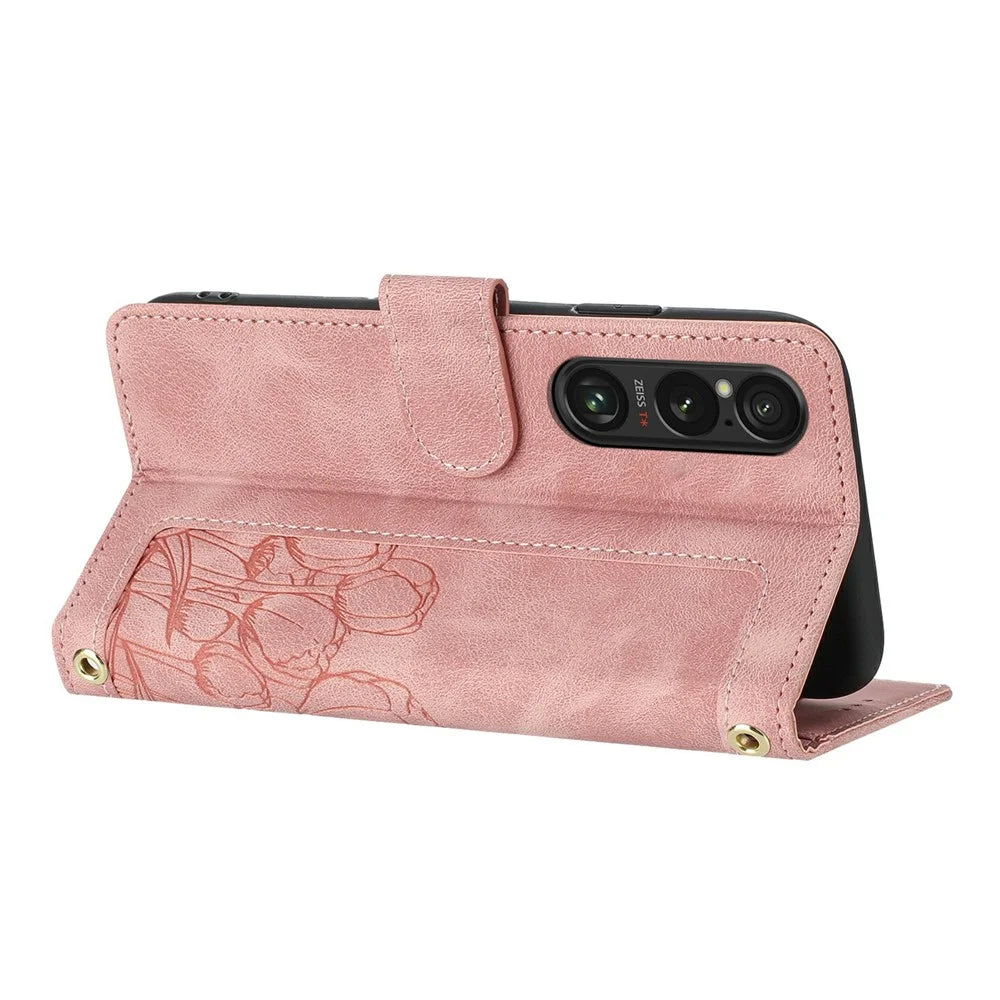 For Sony Xperia 1 VI Tulip Leather Case Phone Cover with 5 Card Slots Wallet - Pink - 2