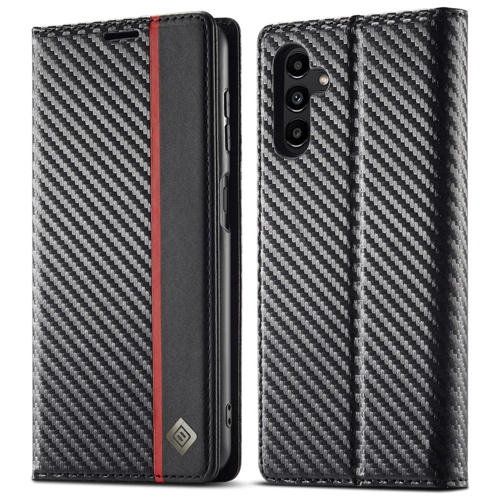 LC.IMEEKE For Samsung Galaxy A36 5G Case Carbon Fiber Texture Phone Cover Stand Card Holder - Vertical Stripe - 1