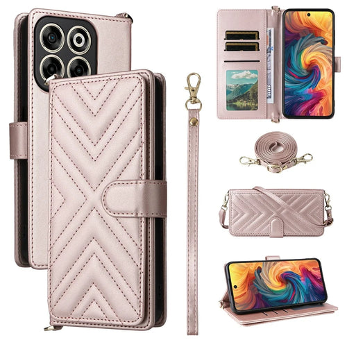 For ZTE Blade V70 / nubia V70 Wallet Case with Shoulder / Wrist Strap Leather Phone Cover Stand - Pink - 1