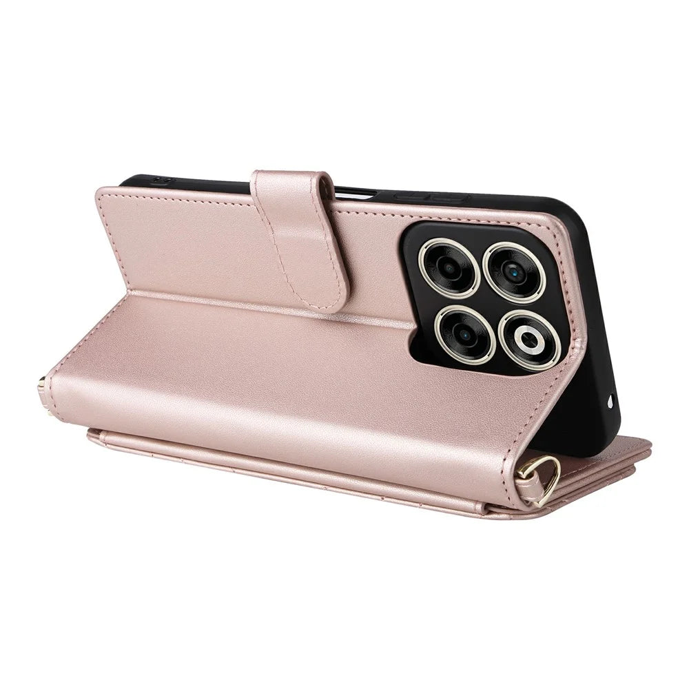For ZTE Blade V70 / nubia V70 Wallet Case with Shoulder / Wrist Strap Leather Phone Cover Stand - Pink - 6