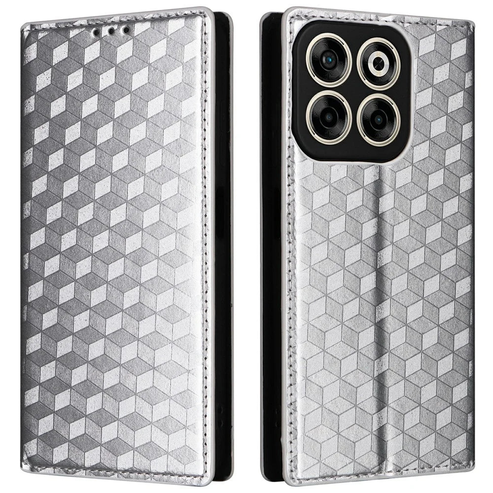For ZTE Blade V70 / nubia V70 Wallet Case Rhombus Imprinted Leather Phone Cover - Silver - 1