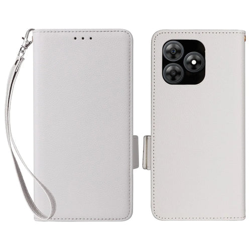 For Blackview Wave 8C Case with Wrist Strap Litchi Texture PU Leather Wallet Phone Cover - White - 1