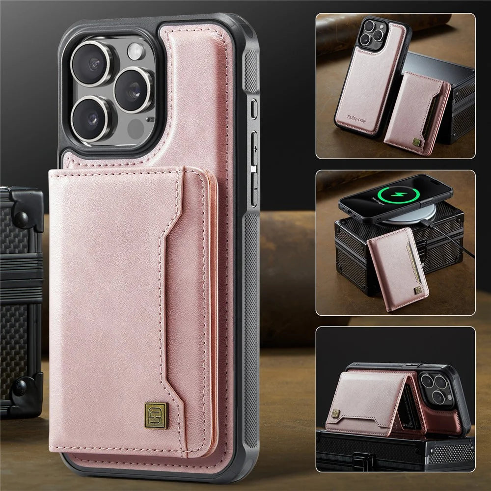 AUTSPACE For iPhone 13 Pro 6.1 inch Case  A13 Vintage Leather Back Cover with Magnetic Detachable Card Bag - Rose Gold - 5