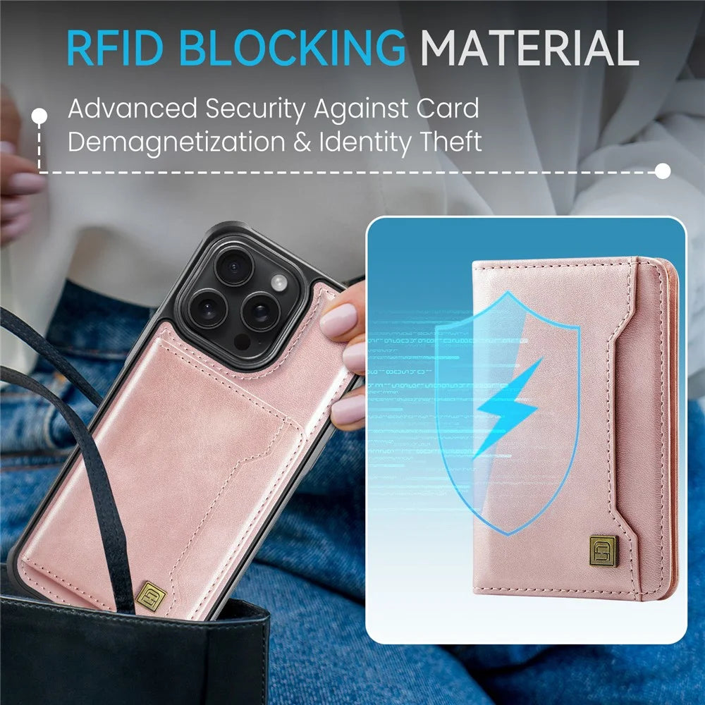AUTSPACE For iPhone 13 Pro 6.1 inch Case  A13 Vintage Leather Back Cover with Magnetic Detachable Card Bag - Rose Gold - 6