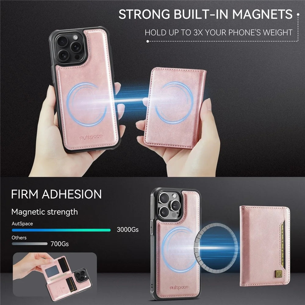 AUTSPACE For iPhone 13 Pro 6.1 inch Case  A13 Vintage Leather Back Cover with Magnetic Detachable Card Bag - Rose Gold - 7