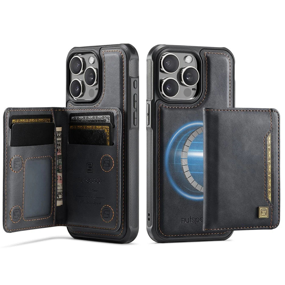 AUTSPACE For iPhone 13 Pro Max 6.7 inch Case  A13 Vintage Leather Back Cover with Magnetic Detachable Card Bag - Black - 1