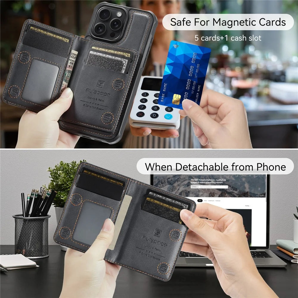 AUTSPACE For iPhone 13 Pro Max 6.7 inch Case  A13 Vintage Leather Back Cover with Magnetic Detachable Card Bag - Black - 4