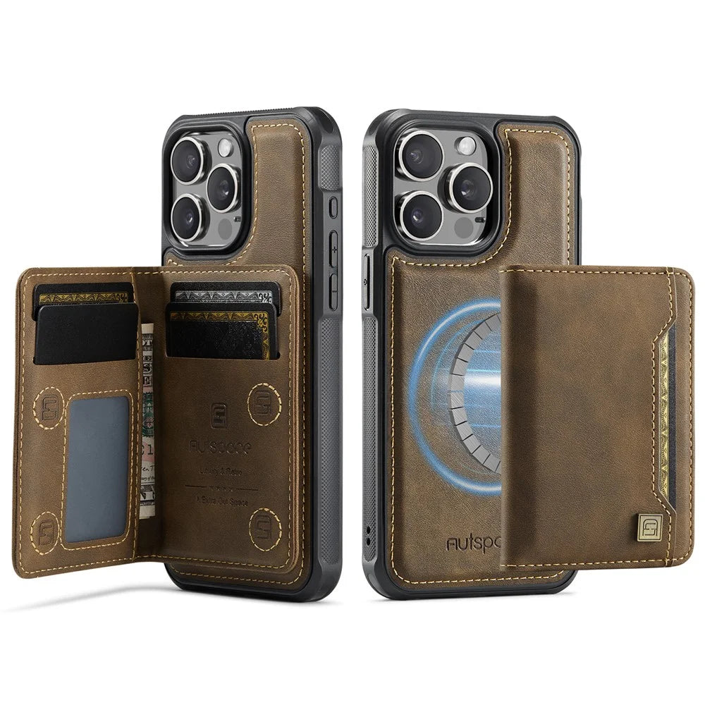 AUTSPACE For iPhone 14 Pro Case  A13 Vintage Leather Back Cover with Magnetic Detachable Card Bag - Coffee - 1
