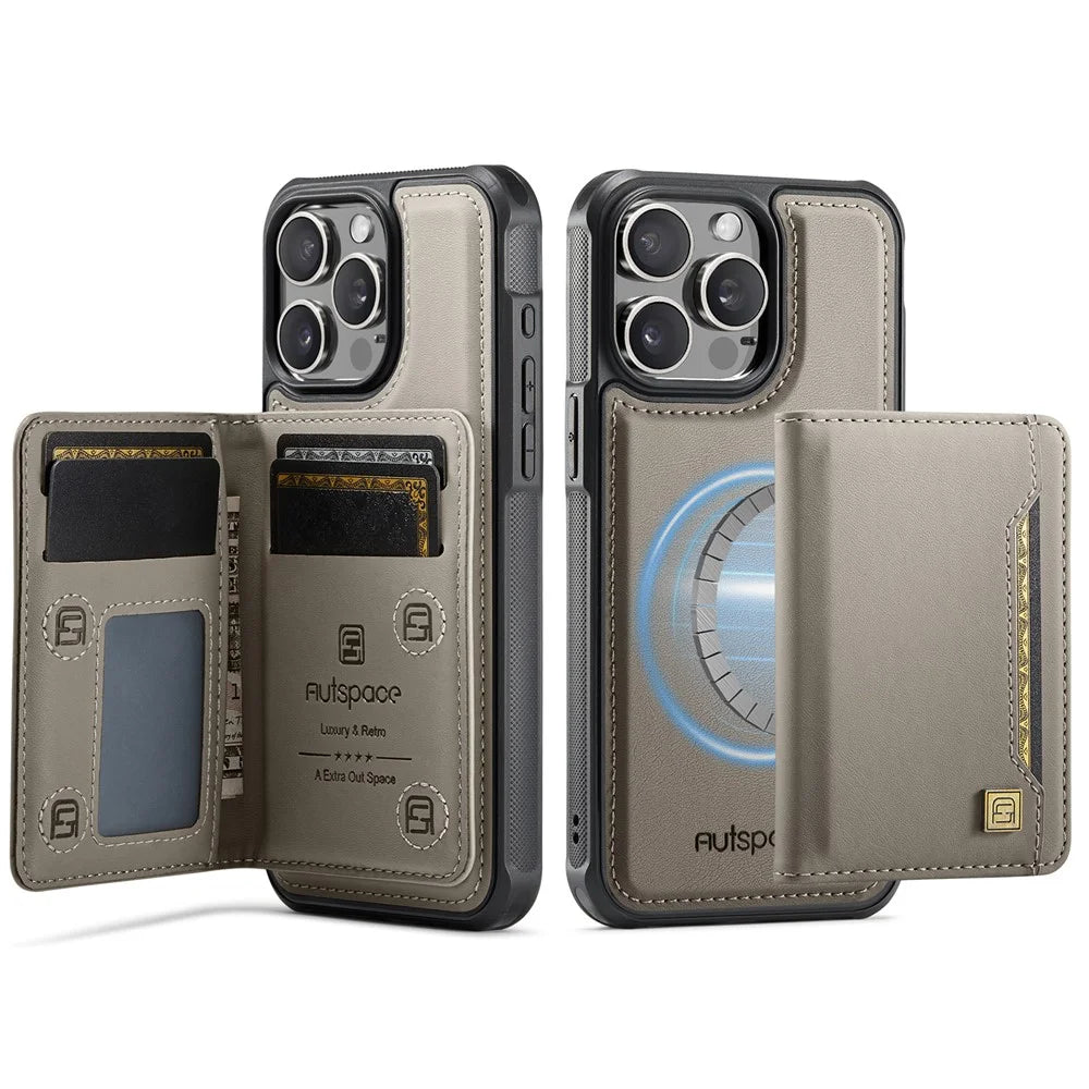 AUTSPACE For iPhone 15 Pro Case  A13 Vintage Leather Back Cover with Magnetic Detachable Card Bag - Grey - 1