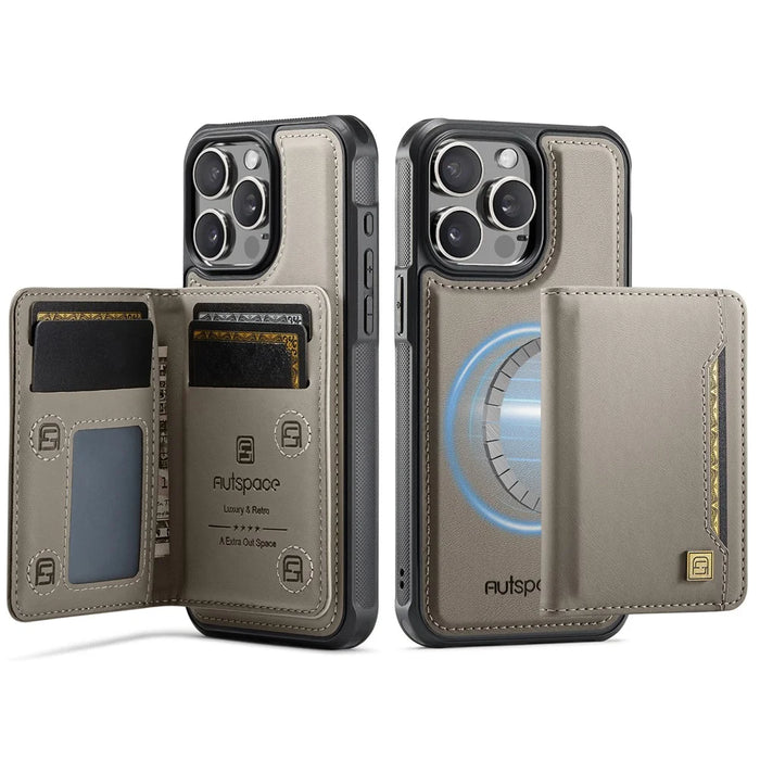 AUTSPACE For iPhone 15 Pro Case  A13 Vintage Leather Back Cover with Magnetic Detachable Card Bag - Grey - 1