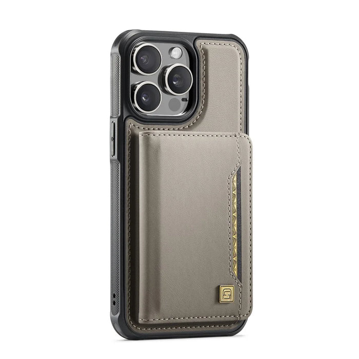 AUTSPACE For iPhone 15 Pro Case  A13 Vintage Leather Back Cover with Magnetic Detachable Card Bag - Grey - 2
