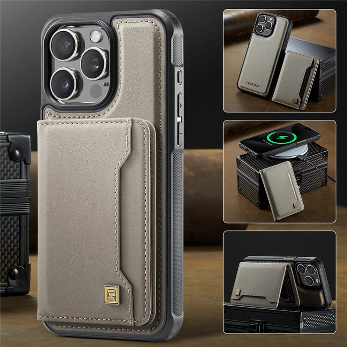 AUTSPACE For iPhone 15 Pro Case  A13 Vintage Leather Back Cover with Magnetic Detachable Card Bag - Grey - 5