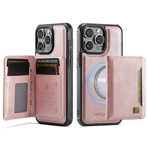 AUTSPACE For iPhone 15 Pro Max Case  A13 Vintage Leather Back Cover with Magnetic Detachable Card Bag - Rose Gold - 1