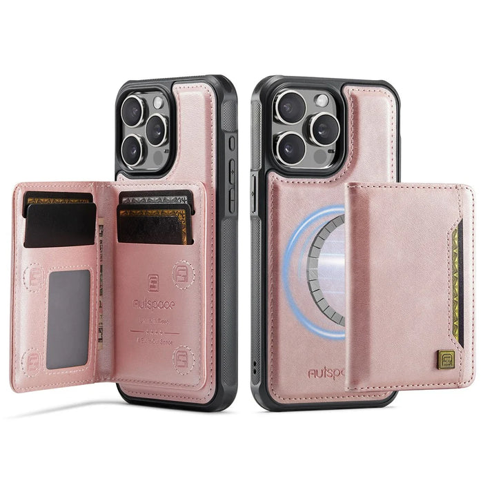 AUTSPACE For iPhone 15 Pro Max Case  A13 Vintage Leather Back Cover with Magnetic Detachable Card Bag - Rose Gold - 1