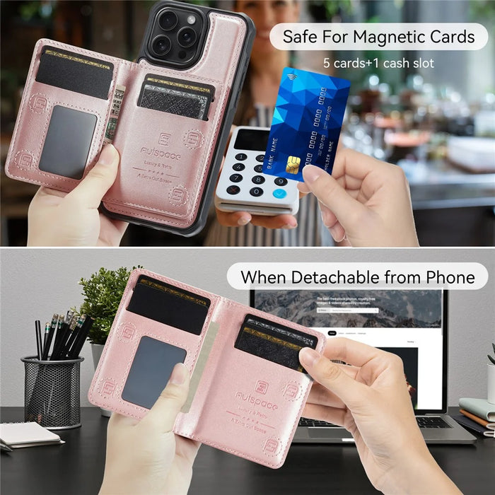 AUTSPACE For iPhone 15 Pro Max Case  A13 Vintage Leather Back Cover with Magnetic Detachable Card Bag - Rose Gold - 4